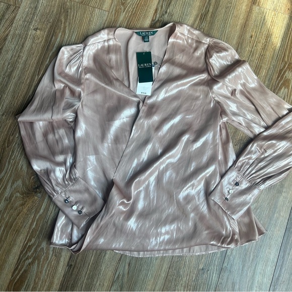 $79 Lauren Ralph Lauren L Wrap Surplice Top Champagne Metallic Festive NWT - Picture 1 of 5